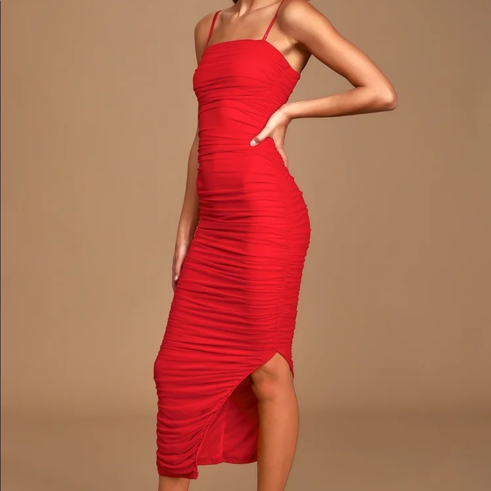Lulu's Red Ruched Midi Dress with Spaghetti Straps